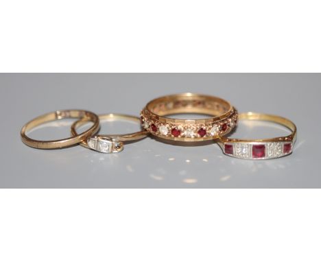 An 18ct and plat. ruby and diamond five stone ring, two 9ct rings and a yellow metal and diamond set ring ( stone missing).