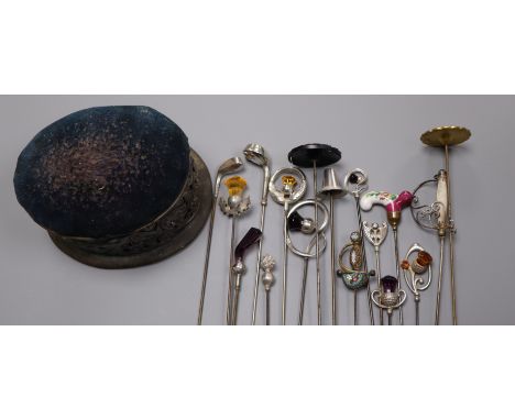 Seventeen assorted early 20th century and later hatpins including six silver by Charles Horner and a silver mounted hatpin cu