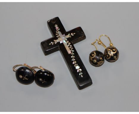 A pair of Victorian yellow metal and tortoiseshell globe earrings, one other pair and a mother of pearl inlaid cross pendant.