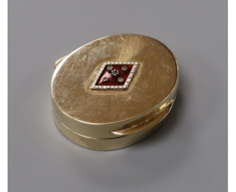 A 9ct gold, enamel and diamond set oval vinaigrette, 34mm.