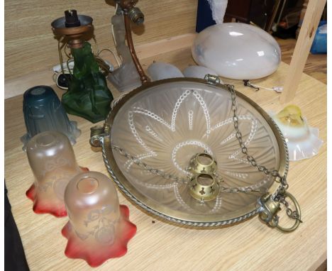 A French plaffonier, cranberry and other glass shades and tow Art Deco glass figural lamp bases plaffonier diameter 38cm