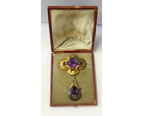 Victorian cased gold amethyst brooch total weight 16g measures approx 8.5 by 5cm acid tested as 15ct condition worn 