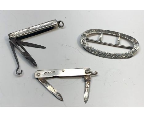 Selection of 3 Silver items includes 2 Silver mounted pen knives one with scissors and button hook , and a silver hallmarked 