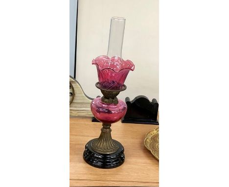 Victorian brass oil lamp , duplex burner cranberry font and shade 