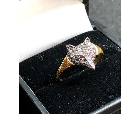 Rose Diamond fox head ring high carat gold shank with silver fox head set with ruby eyes and old rose cut diamonds In good co