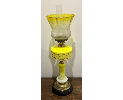 Fine victorian oil lamp with original lemon etched shade later converted to electric will need rewiring 