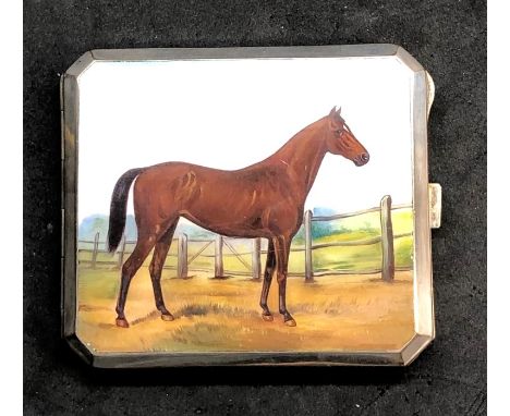 19th Century silver plate and enamel cigarette case with an image of a horse in enamel measures approx 9.5 by 8 cm good condi