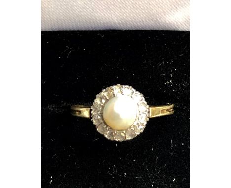 Vintage pearl and rose diamond ring 18ct gold not hallmarked set with central pearl and old cut rose diamonds around 