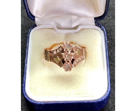 Antique 19th century continental gold ring set with seed-pearls missing 1 small pearl not hallmarked acid tested as high cara