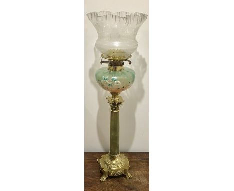 Fine victorian oil lamp with etched shade later converted to electric will need rewiring 