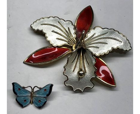 large Norway silver and enamel orchard brooch with a small silver and enamel butterfly brooch  orchard measures approx 64mm b