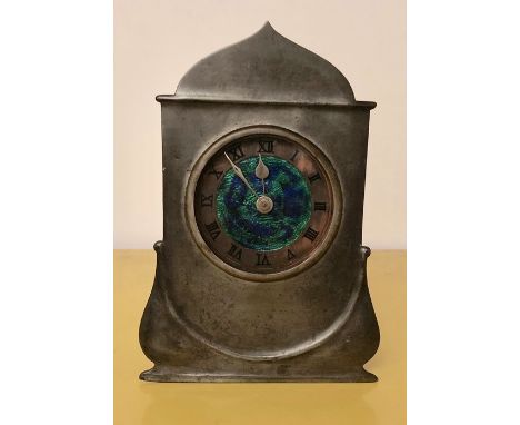 Rare Liberty arts &amp; crafts pewter&amp; enamel clock possibly by archibald Knox stamped English pewter 0634 , height 23.5c