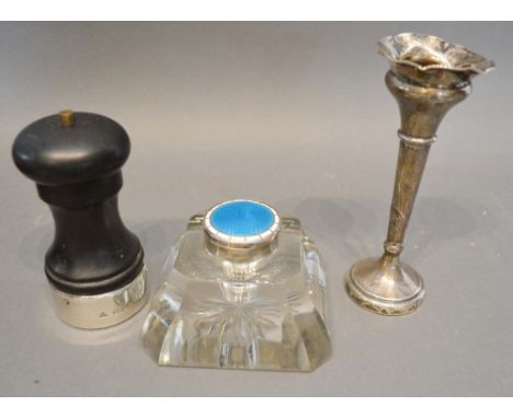 A Birmingham Silver and Enamel Covered Cut Glass Inkwell, together with a small silver spill vase and a silver mounted pepper