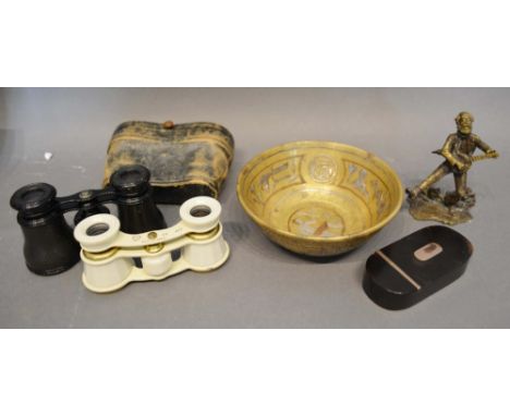 An Egyptian Small Bowl, together with two pairs of opera glasses, a horn snuff box and a small brass model, The Banjo Player 