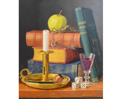 Diane Branscombe, Dickens Still Life of Books, Barnaby Rudge and Chamber Stick on a Table, oil on board, signed, 29 x 24cm 