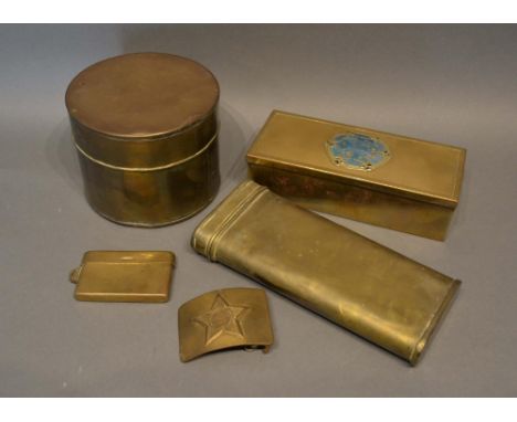 A Rectangular Brass Box, the top with enamel decorated panel, togetherw ith a brass belt buckle and three brass boxes 