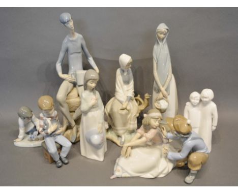 A Lladro Porcelain Figure in the Form of a Girl, together with two other Lladro porcelain groups, four porcelain figures by N