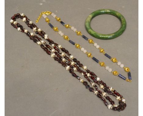 A Yellow Metal Linked Necklace, together with another similar and a jade bangle 