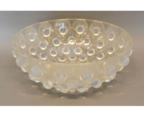 A Rene Lalique Opalescent Glass Plumes de Paon Peacock Feather Bowl engraved R Lalique, France, 24cm diameter 