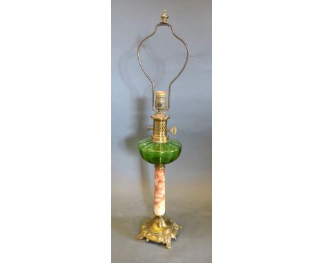 A Rouge Marble and Green Glass Table Lamp in the form of an Oil Lamp with Brass Shaped Base, 75 cms tall, together with a lat