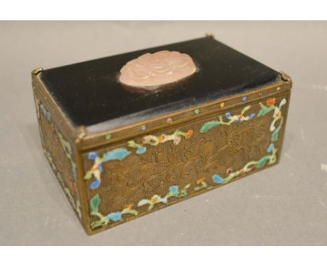 A Chinese Rectangular Casket, the hinged cover with scarab set stone and with foliate enamel decoration, 8.5 x 5.5cm 