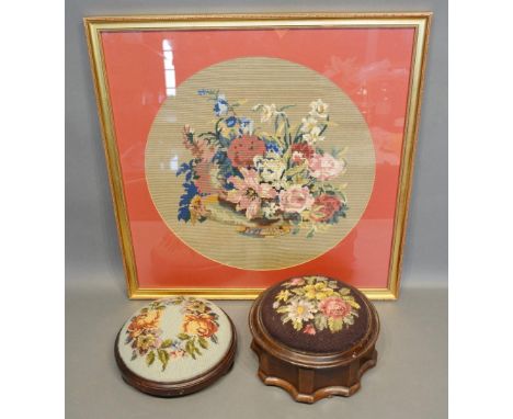 A Woolwork Tapestry together with two footstools 