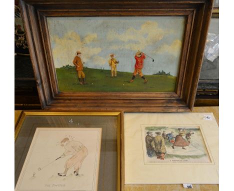 H Cobb, Three Figures Playing Golf, oil on board, together with two prints 
