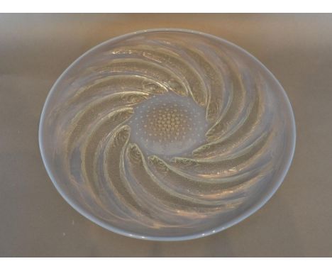 A Rene Lalique Opalescent Glass Poissons Shallow Bowl marked R Lalique, 31.5cm diameter 