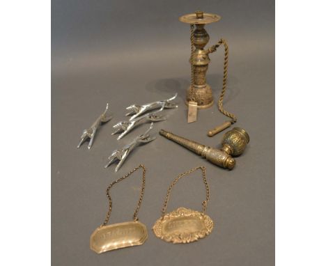 Two Birmingham Silver Decanter Labels, together with an Egyptian silver incense burner, a white metal pipe and a set of four 