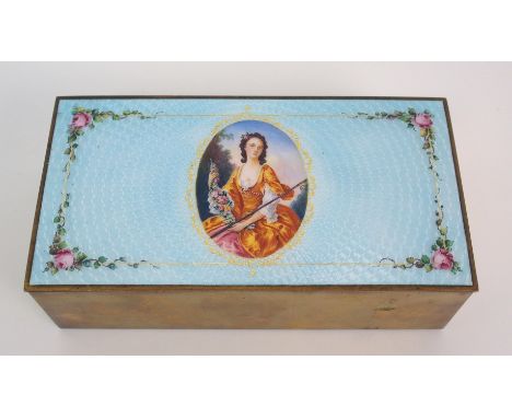 A Lenk of Austria gilt metal and guilloche enamel decorated cigarette box the blue enamel lid with central painted panel of a