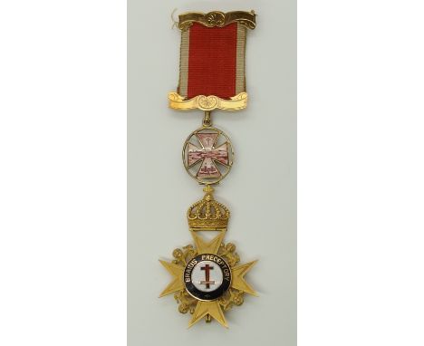A 9ct Order of the Temple medallion dated 1922 total length 15cm, 4.5cm wide. Weight including central painted enamel element