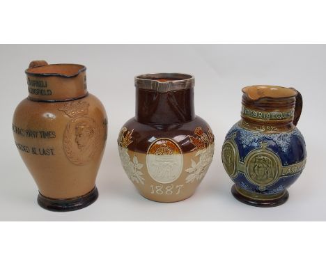 A Doulton Lambeth stoneware jug commemorating the life of Benjamin Disraeli, with a portrait medallion to the front, and inci