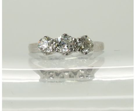 An 18ct white gold three stone diamond ring the combined diamond weight is estimated approx 0.80cts, finger size P, weight 3.