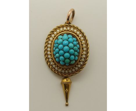 A yellow metal Etruscan revival turquoise and white enamel pendant length 4.3cm x 2cm, weight 6gms