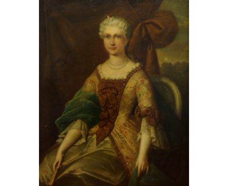 BRITISH SCHOOL (18th Century) PORTRAIT OF A SEATED LADY WITH A FAN Oil on canvas, 113 x 91.5cm (44 1/2 x 36")