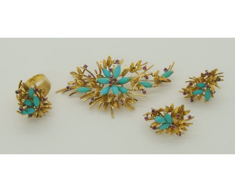 A suite of retro turquoise and ruby jewellery comprising of a brooch in 18ct yellow gold with turquoise flowers with rubies s