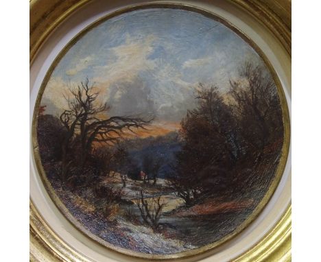 JAMES FAED JNR (Scottish 1856 - 1920) A WINTER AFTERNOON ON THE AVON, NEW HAMILTON, LANARKSHIRE Oil on terracotta plate, sign