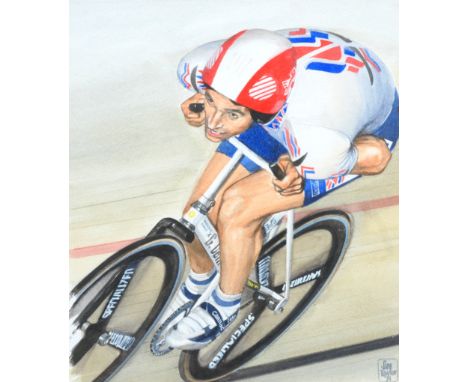 Jim Taylor (Scottish 20th Century) Portrait of Graeme Obree in his cycling pose signed and dated 94 watercolour, 35 x 30cm