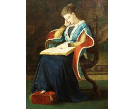 SIR WILLIAM FETTES DOUGLAS PRSA (Scottish 1822 - 1891) PORTRAIT OF A LADY READING IN A FUR TRIMMED GOWN Oil on canvas, signed