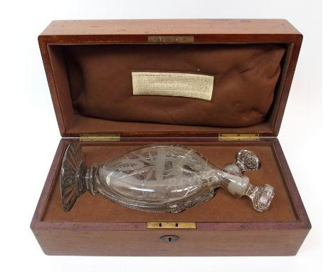 A 19th century cut and etched twin neck spirit decanter purportedly to have belonged to Sir Walter Scott, etched with a horse