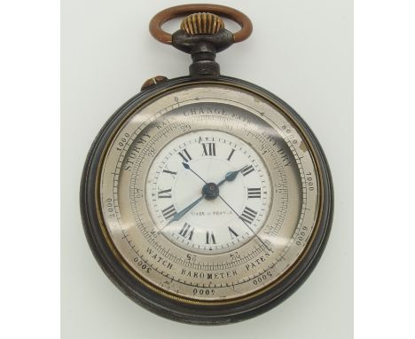 A steel cased watch barometer the white enamel dial painted with black Roman numerals and made in France, with further Barome