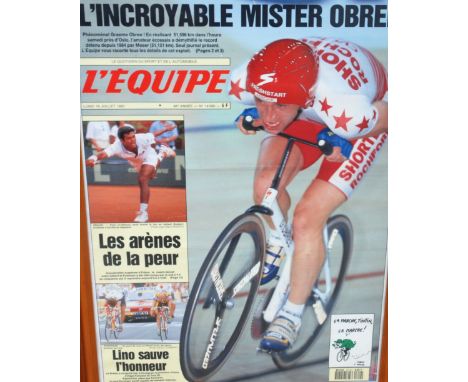 A chromolithograph L'Equipe front cover presented to Graeme Obree to commemorate the One Hour Record set in Norway in July 19