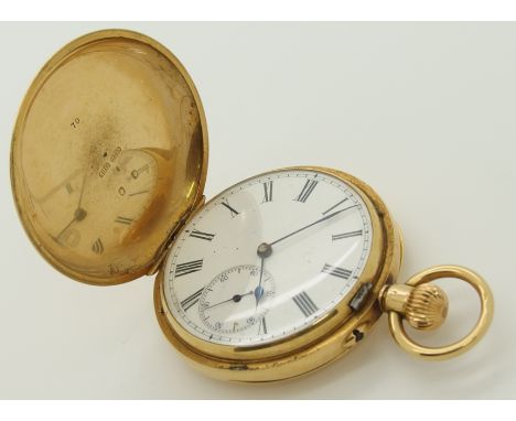 An 18ct gold full hunter pocket watch with white enamel dial, black Roman numerals and subsidiary seconds dial, with blued st