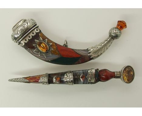 Two Scottish agate jewels the first in the shape of a powder mull, with thistle terminal, length 8cm and a skean dhu brooch l