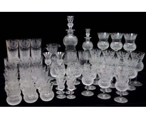 A part suite of Edinburgh crystal Thistle pattern glassware comprising six highballs, two brandy, two champagne, two dessert 