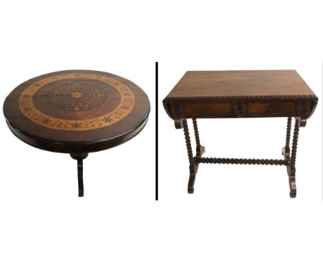 A Continental mahogany and inlaid circular table decorated with floral central medallion and satinwood foliate band above a t