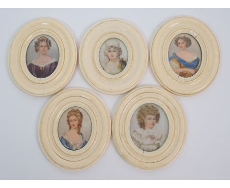 Five ivory oval framed portrait miniatures of elegant ladies oils on ivorine, images, 8 x 6cm, overall 14 x 12cm (5)