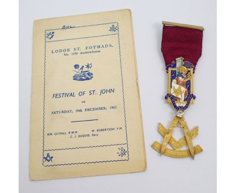 A silver-gilt and enamel medal the obverse inscribed Lodge, St Regulus Cupar, with ribbon and bar, bar inscribed Brother WAD 