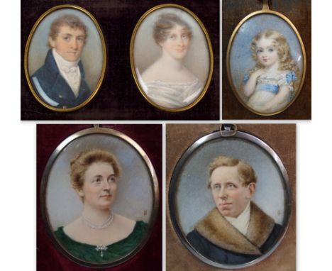 A pair of early 19th Century portrait miniatures of Thomas Tobin and Esther Watson, dated 1806 oil on ivorine, 7 x 5cm in fit