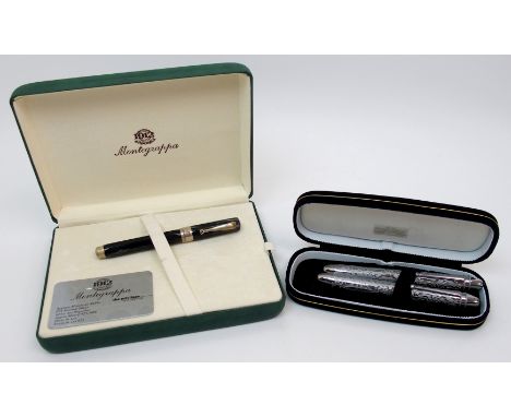 A Montegrappa 1912 silver-mounted fountain pen, with black marble effect body in original box and a pair of white-metal fount